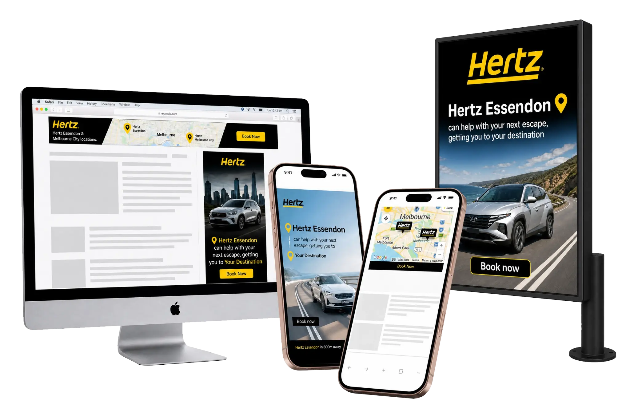 Weev dynamic creatives across desktop, mobile and DOOH — Hertz example