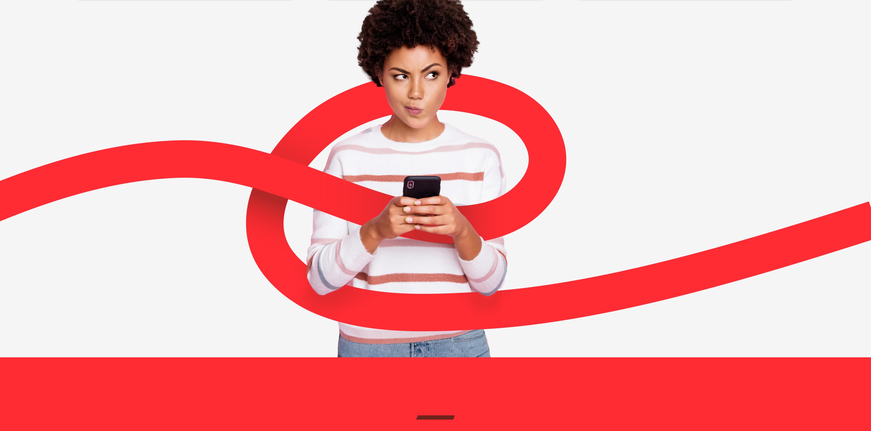 A woman holding a phone, wrapped by the Weev thread