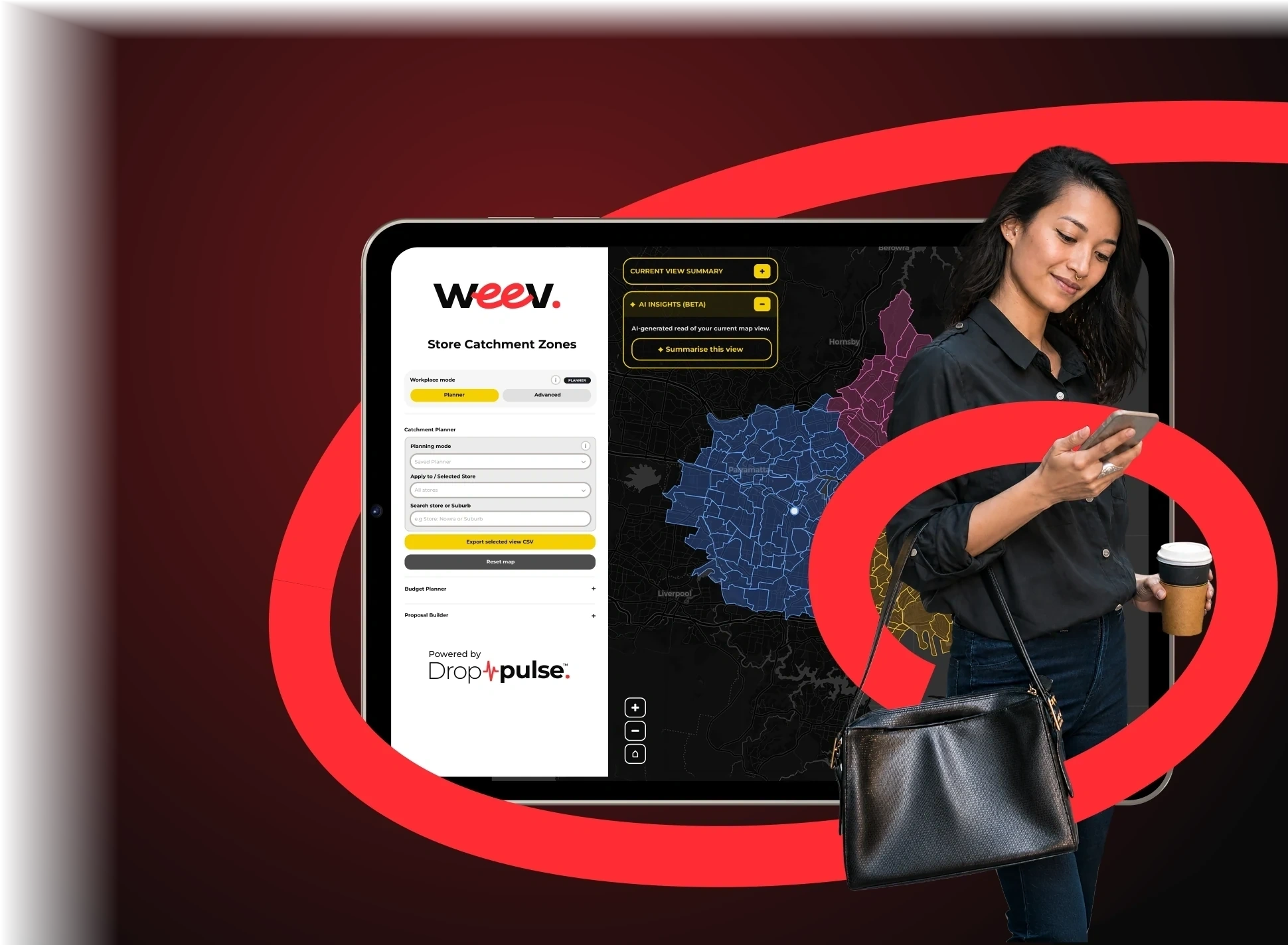 DropPulse store catchment zones on a tablet, wrapped by the Weev thread