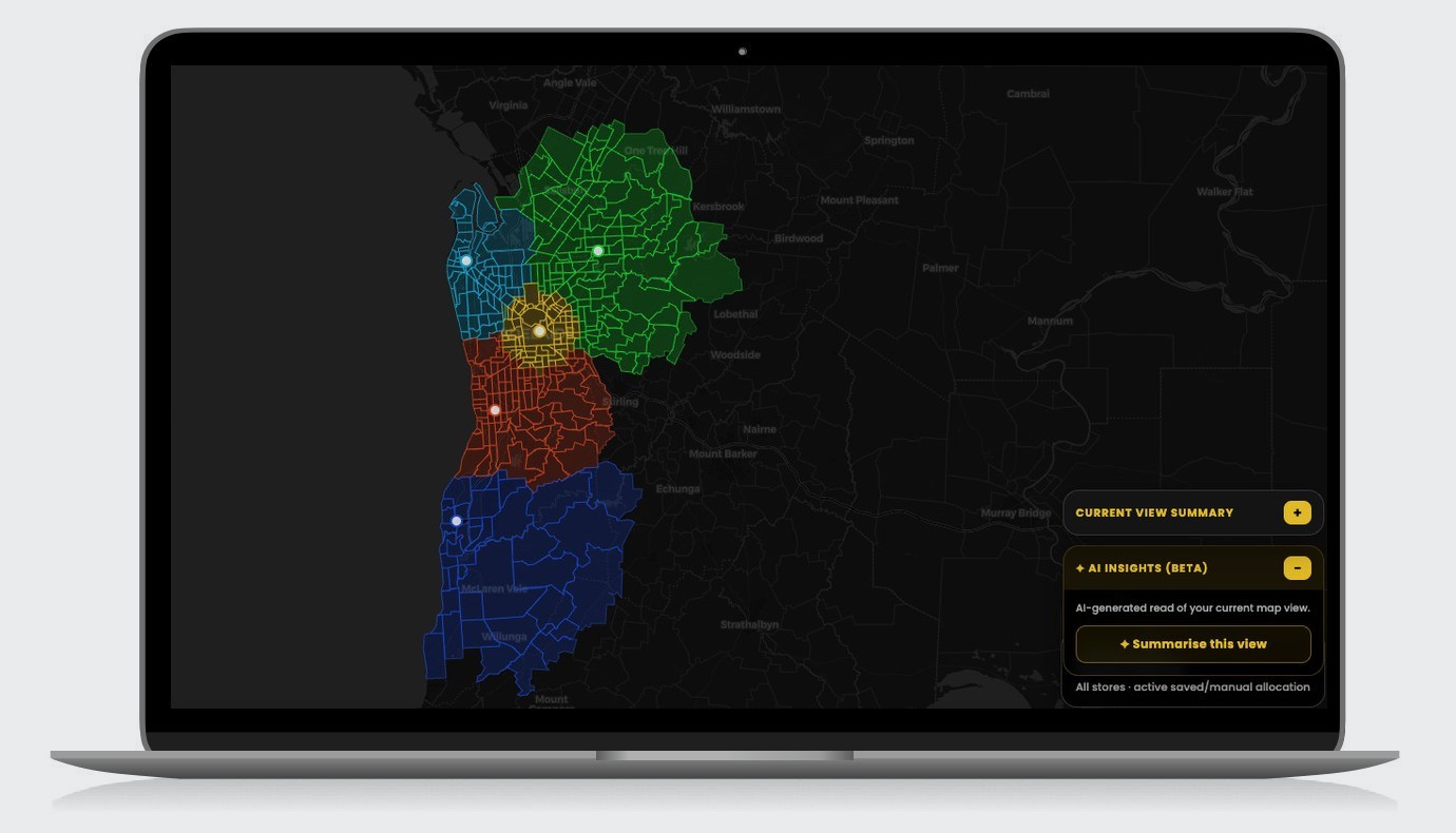 Weev planning view: five stores, each with its own colour-coded catchment and no overlap