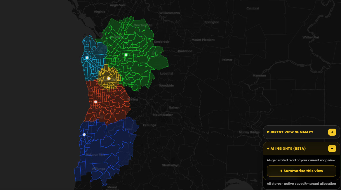 Weev planning view: five stores, each with its own colour-coded catchment and no overlap